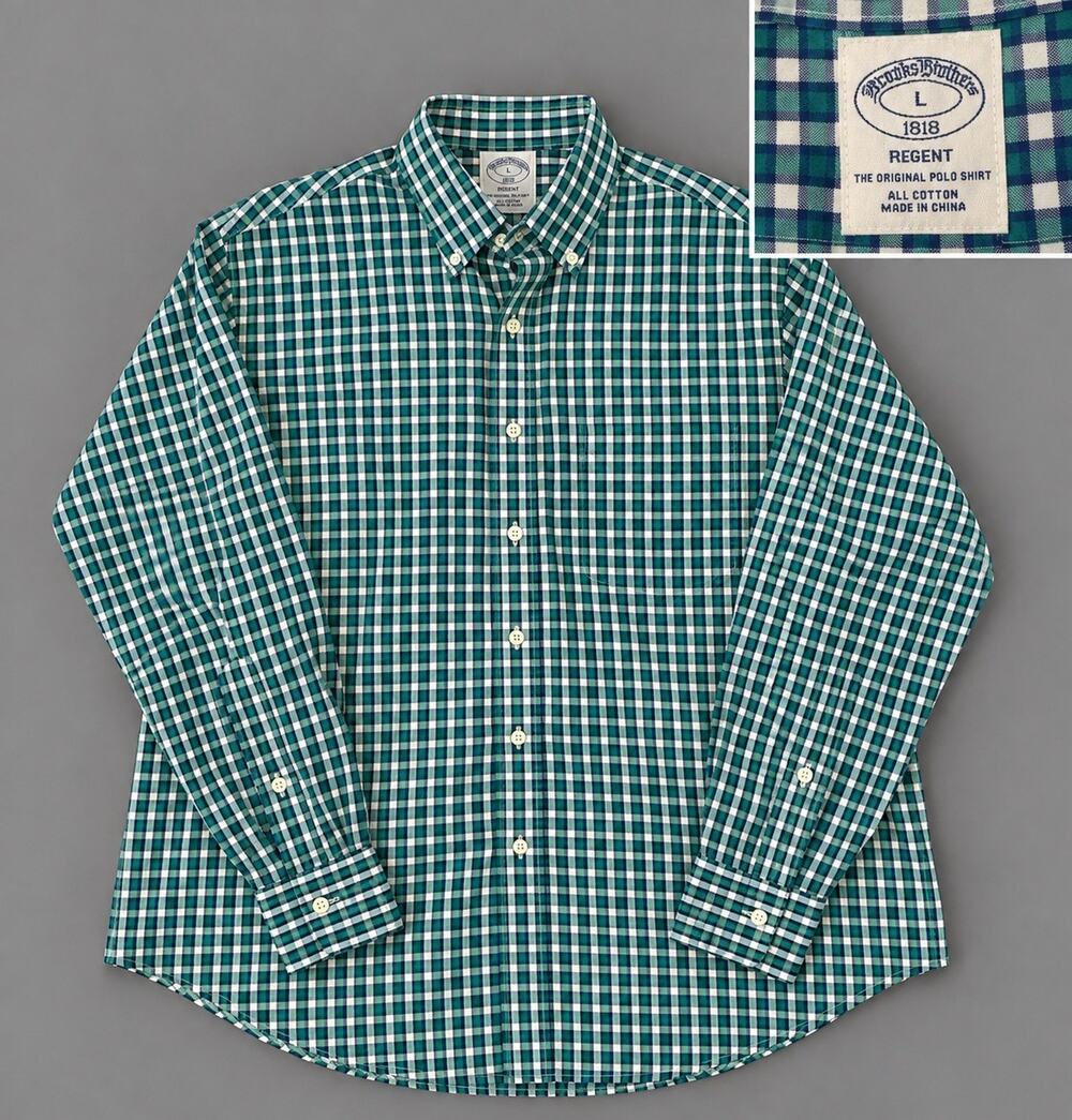Brooks Brothers Green Blue Gingham Check Regent Fit Logo Button Shirt Men Large